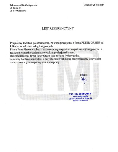 List referencyjny Peter-Green od Teknomont