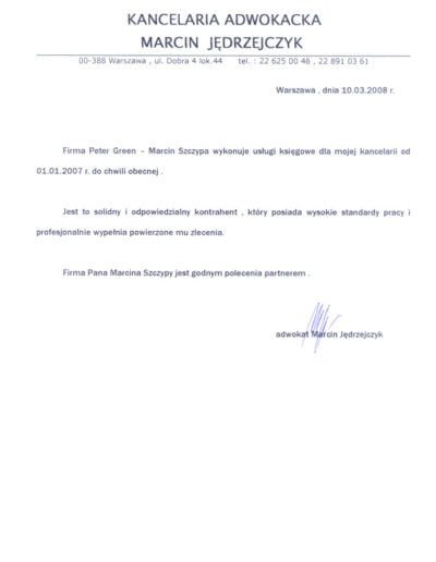 List referencyjny Peter-Green od Adwokat Marcin Jędrzejczyk