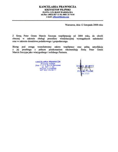 List referencyjny Peter-Green od kancelaria prawnicza Filiński