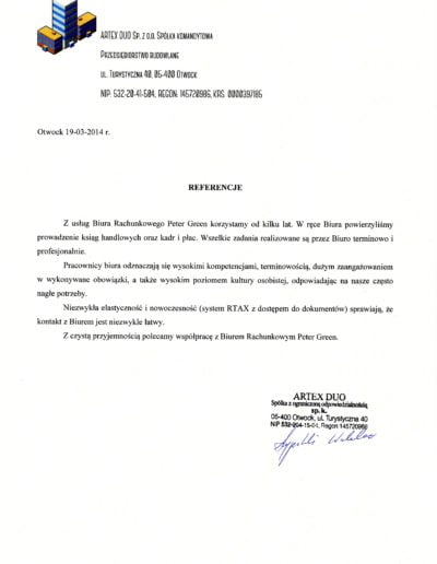 List referencyjny Peter-Green od Artex Duo