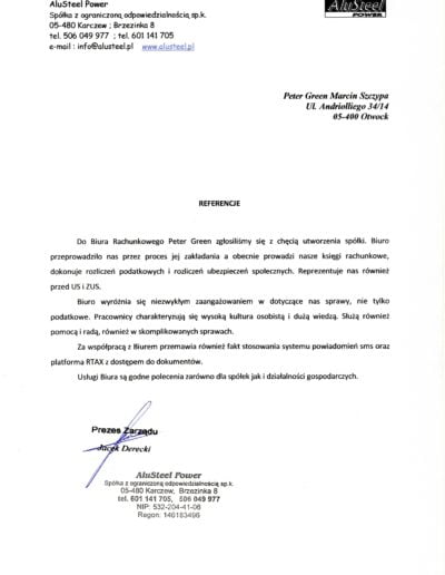 List referencyjny Peter-Green od AluSteel Power