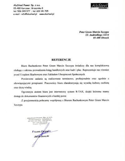 List referencyjny Peter-Green od Alusteel Power