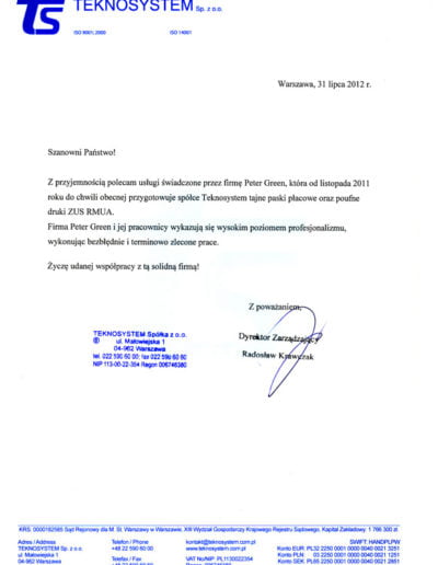 List referencyjny Peter-Green od Teknosystem