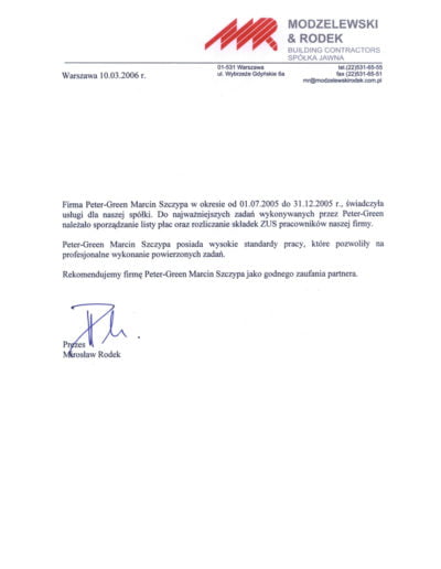 List referencyjny Peter-Green od Modzelewski & Rodek