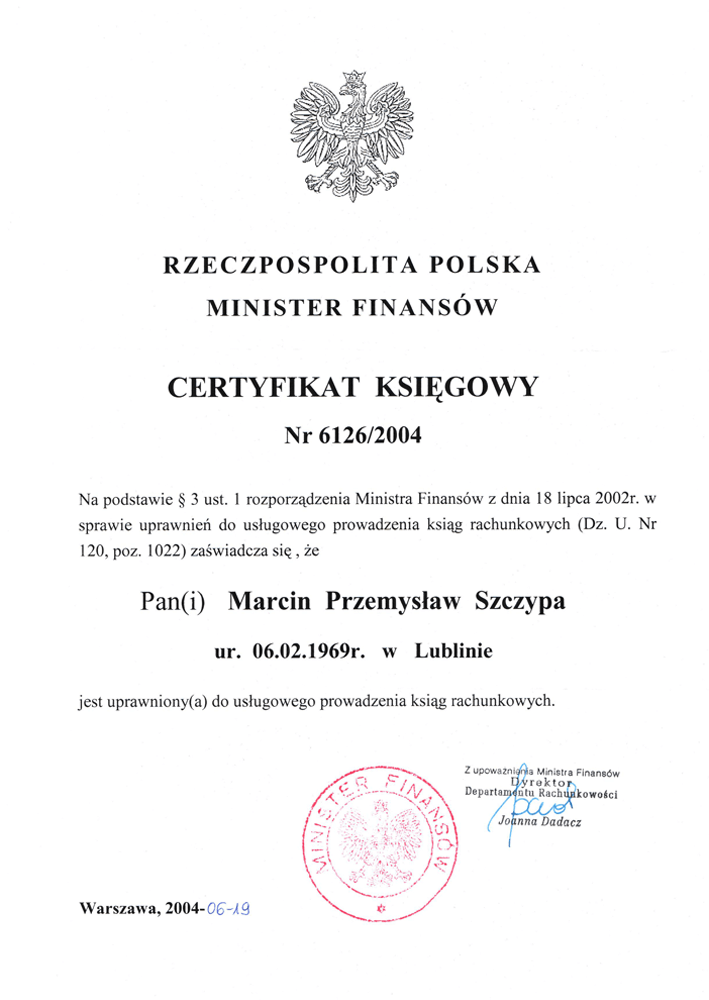 Certyfikat księgowy biuro rachunkowe PeterGreen