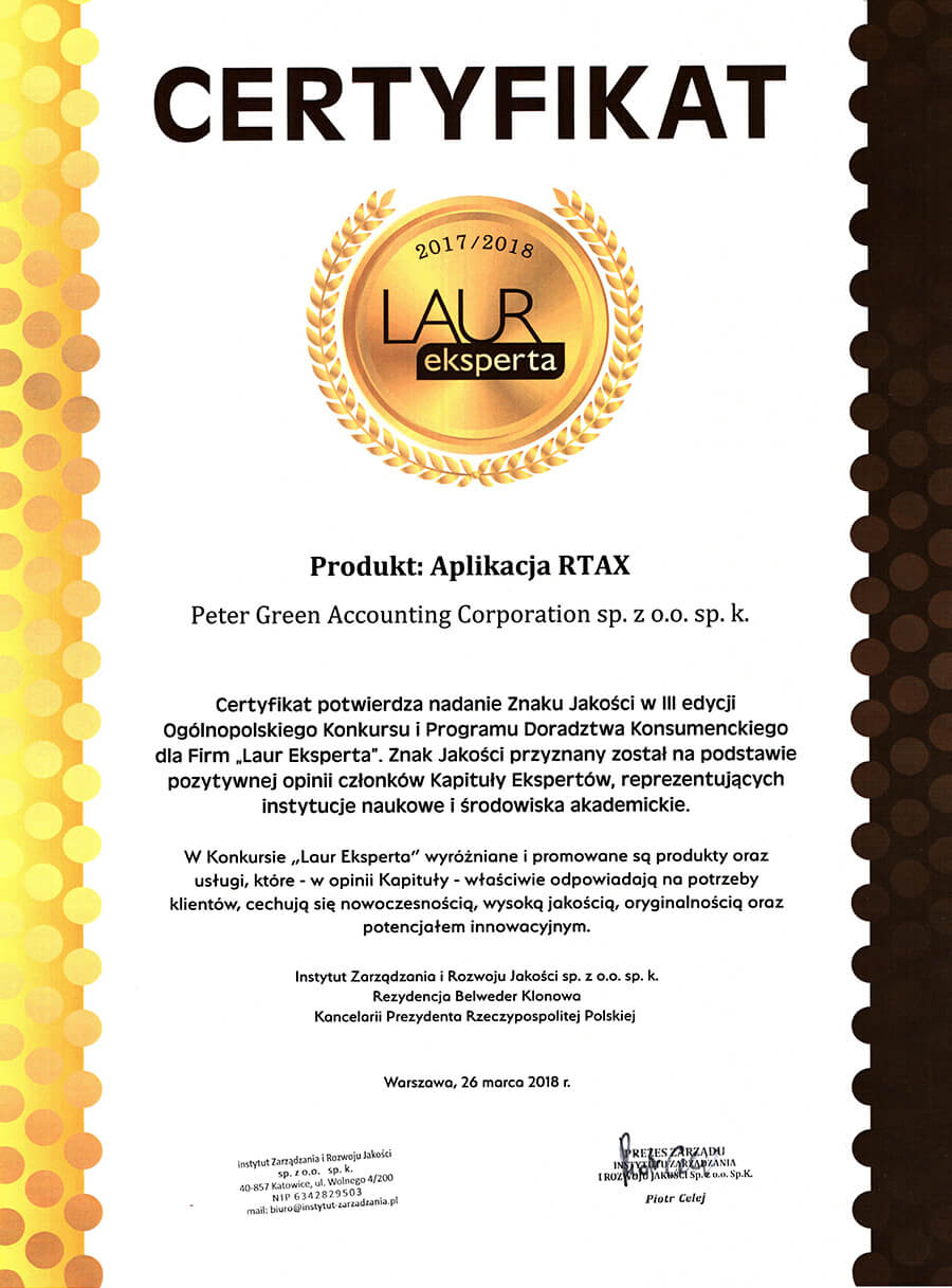 Certyfikat Laur Eksperta PeterGreen dla aplikacji RTAX
