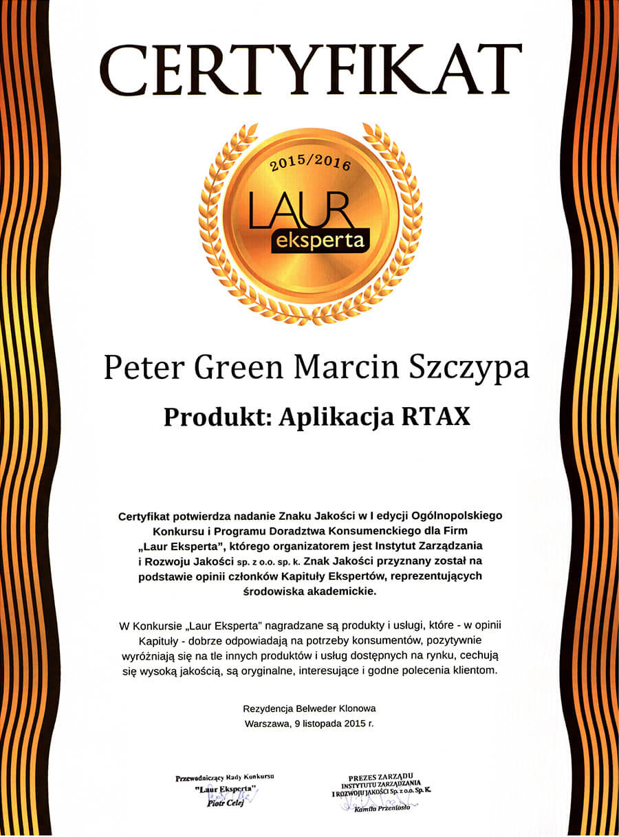 Certyfikat Laur Eksperta dla RTAX