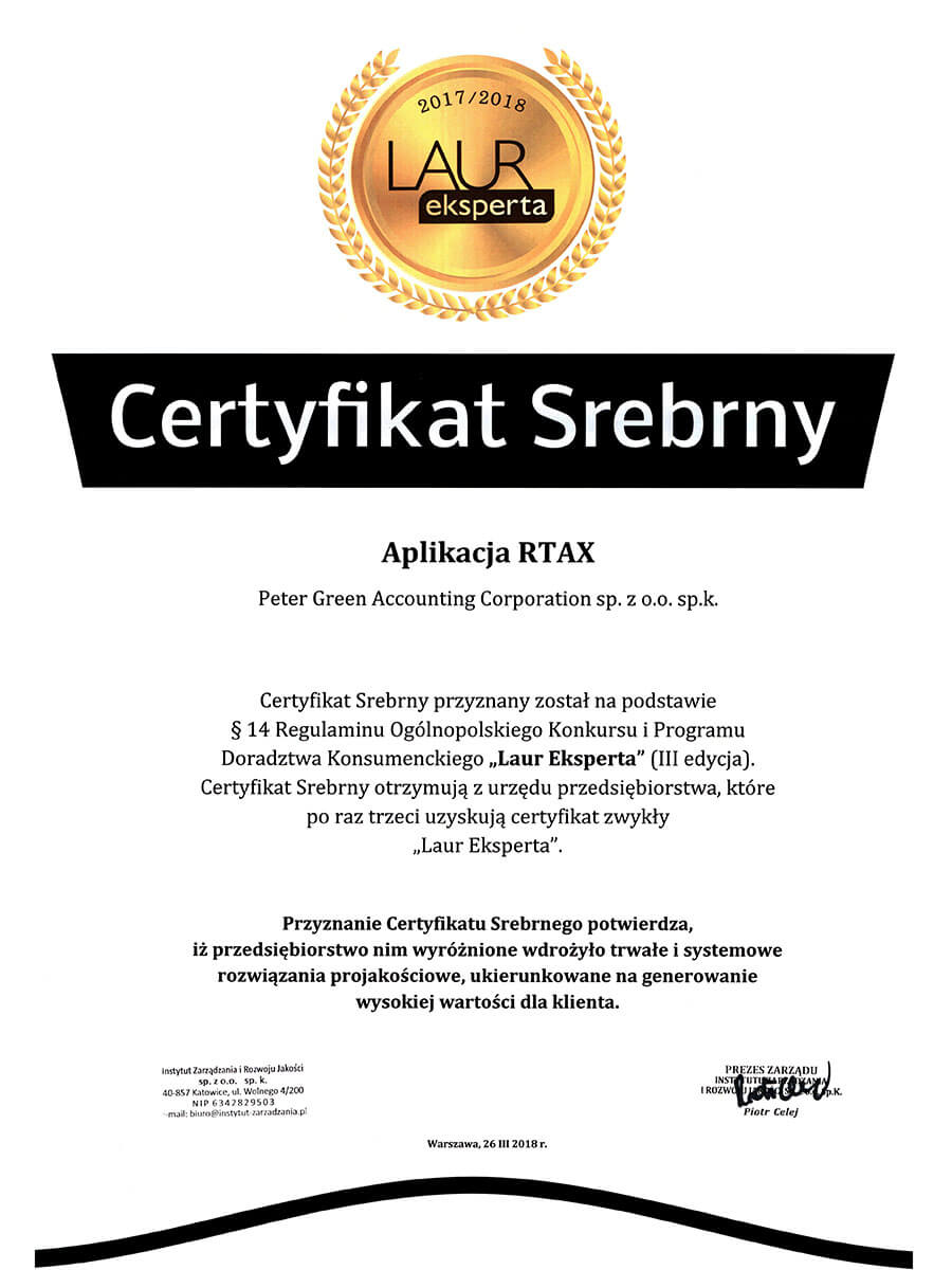 Certyfikat srebrny Laur Eksperta dla RTAX