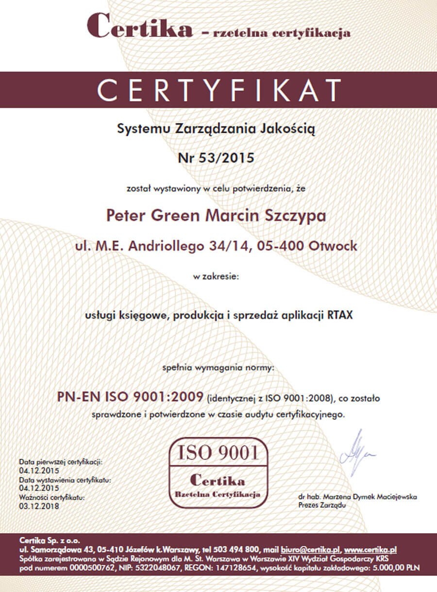 Certyfikat System Zarządzania Jakością - usługi księgowe