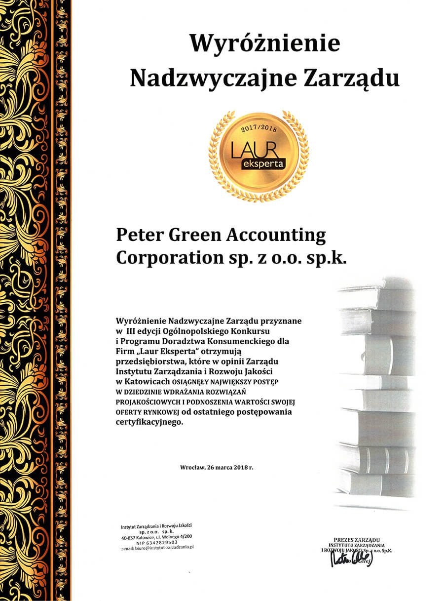 Certyfikat wyróżnienie dla biura rachunkowego Peter Green